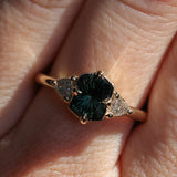 1.10ct Fantasy Cut Kenyan Sapphire and Diamond Milgrain Three Stone Low Profile Ring in 14k Yellow Gold