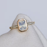 2.10ct Untreated Opalescent Radiant Cut Sapphire Low Profile Bezel Solitaire Ring with Pavé Set Diamonds in 14k Yellow Gold