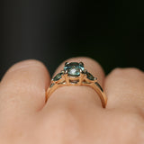 1.51ct Oval Teal Blue Precision Cut Montana Sapphire and Pear Sapphire Low Profile Three Stone Ring in 14k Yellow Gold
