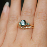 1.51ct Oval Teal Blue Precision Cut Montana Sapphire and Pear Sapphire Low Profile Three Stone Ring in 14k Yellow Gold