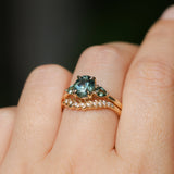 1.51ct Oval Teal Blue Precision Cut Montana Sapphire and Pear Sapphire Low Profile Three Stone Ring in 14k Yellow Gold