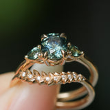 1.51ct Oval Teal Blue Precision Cut Montana Sapphire and Pear Sapphire Low Profile Three Stone Ring in 14k Yellow Gold