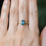 2.16ct Emerald Cut Blue Madagascar Sapphire and Diamond Vintage Cathedral Four Prong Ring in 14k Yellow Gold