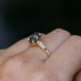 2.16ct Emerald Cut Blue Madagascar Sapphire and Diamond Vintage Cathedral Four Prong Ring in 14k Yellow Gold