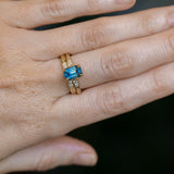 2.16ct Emerald Cut Blue Madagascar Sapphire and Diamond Vintage Cathedral Four Prong Ring in 14k Yellow Gold