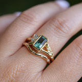 1.45ct Untreated Montana Sapphire Wandering Vine Low Profile Bezel Ring with Pear Diamond in 18k Yellow Gold