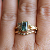 1.45ct Untreated Montana Sapphire Wandering Vine Low Profile Bezel Ring with Pear Diamond in 18k Yellow Gold