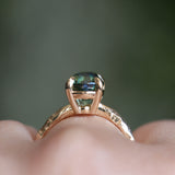 3.13ct Untreated Parti Green Oval Madagascar Sapphire Evergreen 4 Prong Carved Stackable Solitaire in 14k Yellow Gold