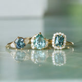 1.50ct Untreated Fantasy Cut Tanzanian Sapphire and Diamond Milgrain Three Stone Low Profile Ring in 14k Yellow Gold