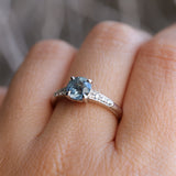 1.21ct Double Cut Montana Sapphire Four Prong Low Profile Vintage Style Milgrain and Diamond Ring in 14k White Gold