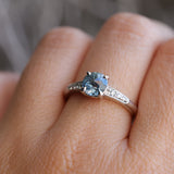 1.21ct Double Cut Montana Sapphire Four Prong Low Profile Vintage Style Milgrain and Diamond Ring in 14k White Gold