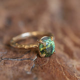 3.13ct Untreated Parti Green Oval Madagascar Sapphire Evergreen 4 Prong Carved Stackable Solitaire in 14k Yellow Gold