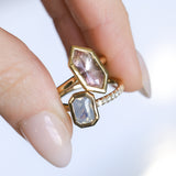 2.10ct Untreated Opalescent Radiant Cut Sapphire Low Profile Bezel Solitaire Ring with Pavé Set Diamonds in 14k Yellow Gold