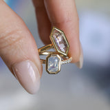 2.10ct Untreated Opalescent Radiant Cut Sapphire Low Profile Bezel Solitaire Ring with Pavé Set Diamonds in 14k Yellow Gold