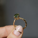 3.13ct Untreated Parti Green Oval Madagascar Sapphire Evergreen 4 Prong Carved Stackable Solitaire in 14k Yellow Gold