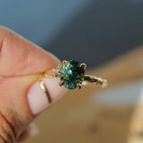 3.13ct Untreated Parti Green Oval Madagascar Sapphire Evergreen 4 Prong Carved Stackable Solitaire in 14k Yellow Gold