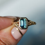 2.15ct Emerald Cut Madagascar Sapphire Wandering Vine Low Profile Bezel Split Shank Ring in 14k Yellow Gold