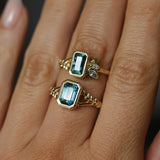 2.15ct Emerald Cut Madagascar Sapphire Wandering Vine Low Profile Bezel Split Shank Ring in 14k Yellow Gold