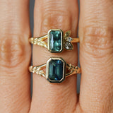 1.45ct Untreated Montana Sapphire Wandering Vine Low Profile Bezel Ring with Pear Diamond in 18k Yellow Gold