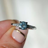 1.21ct Double Cut Montana Sapphire Four Prong Low Profile Vintage Style Milgrain and Diamond Ring in 14k White Gold