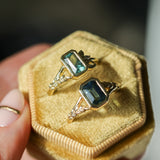 2.15ct Emerald Cut Madagascar Sapphire Wandering Vine Low Profile Bezel Split Shank Ring in 14k Yellow Gold