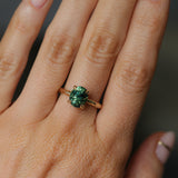 3.13ct Untreated Parti Green Oval Madagascar Sapphire Evergreen 4 Prong Carved Stackable Solitaire in 14k Yellow Gold
