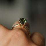3.13ct Untreated Parti Green Oval Madagascar Sapphire Evergreen 4 Prong Carved Stackable Solitaire in 14k Yellow Gold