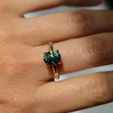 3.13ct Untreated Parti Green Oval Madagascar Sapphire Evergreen 4 Prong Carved Stackable Solitaire in 14k Yellow Gold