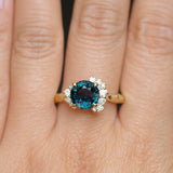 3.05ct Round Deep Blue Green Madagascar Sapphire and Diamond Evergreen Asymmetrical Cluster Ring in 8k Yellow Gold
