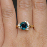 3.05ct Round Deep Blue Green Madagascar Sapphire and Diamond Evergreen Asymmetrical Cluster Ring in 8k Yellow Gold