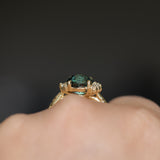 3.05ct Round Deep Blue Green Madagascar Sapphire and Diamond Evergreen Asymmetrical Cluster Ring in 8k Yellow Gold
