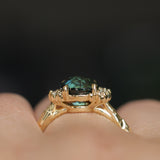 3.05ct Round Deep Blue Green Madagascar Sapphire and Diamond Evergreen Asymmetrical Cluster Ring in 8k Yellow Gold