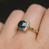 3.05ct Round Deep Blue Green Madagascar Sapphire and Diamond Evergreen Asymmetrical Cluster Ring in 8k Yellow Gold
