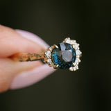 3.05ct Round Deep Blue Green Madagascar Sapphire and Diamond Evergreen Asymmetrical Cluster Ring in 8k Yellow Gold