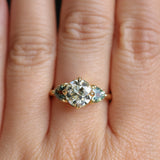 1.64ct Vintage Transitional Cut Diamond and Trillion Australian Sapphire Antique Style Compass Set Low Profile Ring with Scallop Details in 18k Yellow Gold