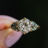 1.64ct Vintage Transitional Cut Diamond and Trillion Australian Sapphire Antique Style Compass Set Low Profile Ring with Scallop Details in 18k Yellow Gold