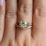 1.64ct Vintage Transitional Cut Diamond and Trillion Australian Sapphire Antique Style Compass Set Low Profile Ring with Scallop Details in 18k Yellow Gold