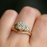 1.64ct Vintage Transitional Cut Diamond and Trillion Australian Sapphire Antique Style Compass Set Low Profile Ring with Scallop Details in 18k Yellow Gold