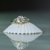 1.64ct Vintage Transitional Cut Diamond and Trillion Australian Sapphire Antique Style Compass Set Low Profile Ring with Scallop Details in 18k Yellow Gold