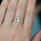 1.49ct Elongated Cushion Cut Montana Sapphire and Diamond Floral Halo in 18k Yellow Gold