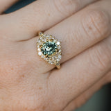 1.49ct Elongated Cushion Cut Montana Sapphire and Diamond Floral Halo in 18k Yellow Gold