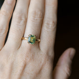 3.01ct Madagascar Parti Radiant Cut Sapphire Double Prong Evergreen Carved Stackable Solitaire in 14k Yellow Gold