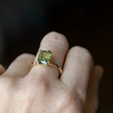 3.01ct Madagascar Parti Radiant Cut Sapphire Double Prong Evergreen Carved Stackable Solitaire in 14k Yellow Gold