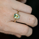 3.01ct Madagascar Parti Radiant Cut Sapphire Double Prong Evergreen Carved Stackable Solitaire in 14k Yellow Gold