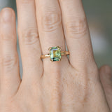 3.01ct Madagascar Parti Radiant Cut Sapphire Double Prong Evergreen Carved Stackable Solitaire in 14k Yellow Gold