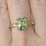 3.01ct Madagascar Parti Radiant Cut Sapphire Double Prong Evergreen Carved Stackable Solitaire in 14k Yellow Gold