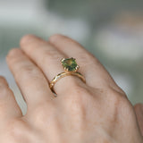 3.01ct Madagascar Parti Radiant Cut Sapphire Double Prong Evergreen Carved Stackable Solitaire in 14k Yellow Gold