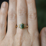 1.70ct Green Kenyan Fantasy Cut Sapphire and Diamond Antique Milgrain Three Stone Low Profile Ring in 18k Yellow Gold