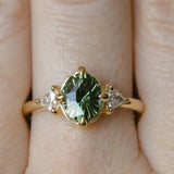1.70ct Green Kenyan Fantasy Cut Sapphire and Diamond Antique Milgrain Three Stone Low Profile Ring in 18k Yellow Gold