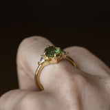1.70ct Green Kenyan Fantasy Cut Sapphire and Diamond Antique Milgrain Three Stone Low Profile Ring in 18k Yellow Gold